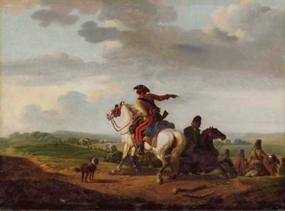 Cavalrymen leading a caravan through a landscape
