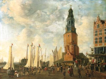 The Herring Packer's Tower, Amsterdam, with figures on the quay