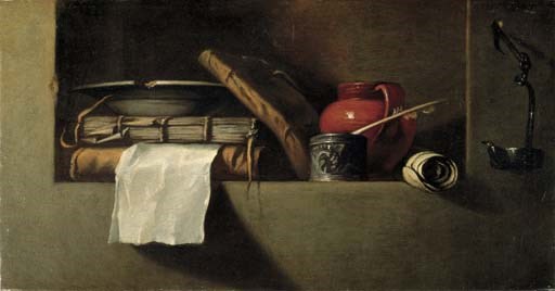 Books, a plate, an earthenware pitcher, an ink well and quill in a niche with an oil lamp on the wall nearby