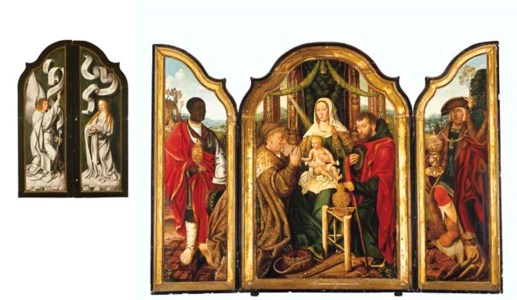 The Holy Family with Melchior offering gold to the Christ Child; left wing: Balthasar offering myrrh; right wing: Caspar offering incense; outer panels: The Annunciation