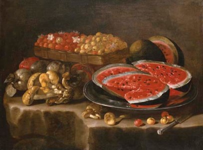 A still life of watermelon on a silver charger, berries in a basket, and a pomegranate, quinces and mushrooms on a stone ledge