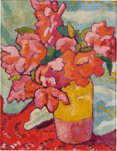 Fleurs rouges dans une cruche jaune