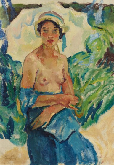 Halbakt in blauem Kleid (Semi Nude in Blue Dress)  