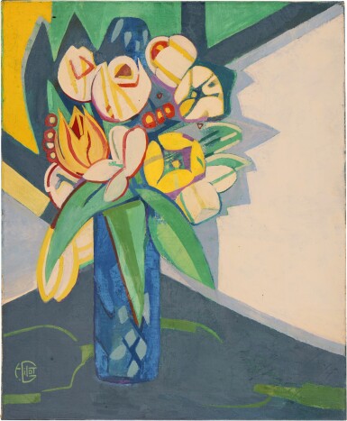 Tulipes dans un vase bleu à la lumière