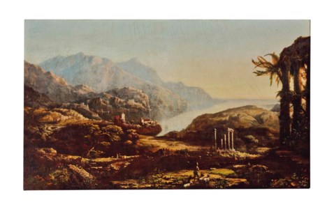 Figures in a mountainous landscape with a town and ruins in the distance
