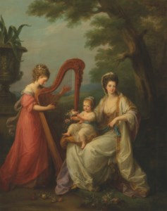 Group portrait of Lady Elizabeth Smith-Stanley, Countess of Derby (1753-1797), with her infant son Edward, later 13th Earl of Derby (1775-1851), and her half-sister, Lady Augusta Campbell (1760-1831) playing the harp