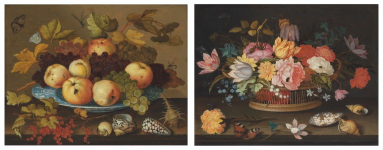 Fruit in a wan-li porcelain dish on a table; Flowers in a wicker basket on a table
