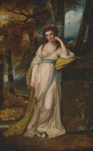 George Romney, Portrait of Mrs Deborah Jemima Maxwell (1755-1789), full-length, in a pale pink dress with a blue sash and a yellow wrap, in a wooded landscape