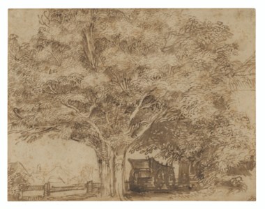 A haywain under trees, with farm buildings to the right and beyond at left