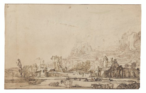 A view of the ruin of Huis te r Kleef near Haarlem, with cows and sheep, and mountains behind