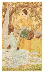 Two women with a cradle, one of them winged