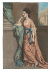 Portrait of a lady, small full-length, in a pink robe tied with a blue sash, leaning against a classical pillar