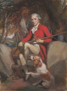 Portrait of Jonas Langford Brooke (c.1758-1784), small full-length, in red coat, with a spaniel