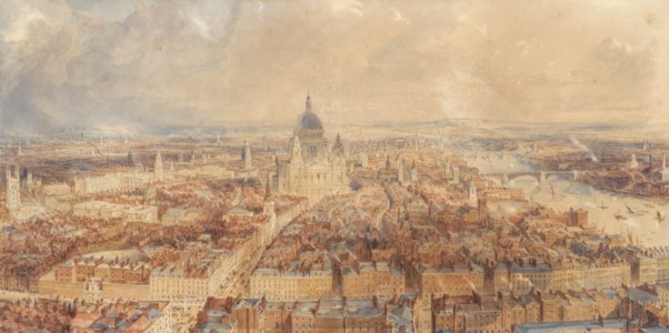 View of London from the steeple of St Bride's Church, Fleet Street, looking east towards St Paul's Cathedral