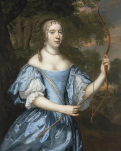 Portrait of a lady as Diana, three-quarter-length, in a blue dress with pearls, holding a bow in her left hand and an arrow in her right, in a landscape