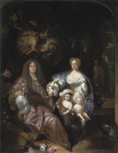 Group portrait of a family in a garden, by a classical fountain