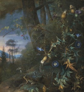A forest floor still life with a frog and mushroom, mountains beyond