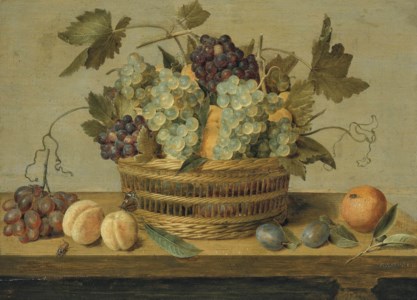 Nectarines and grapes in a basket on a table, with plums, oranges, a butterfly and a beetle