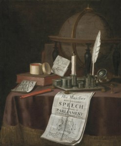 A globe, an inkwell with a candle, books and other objects on a draped table