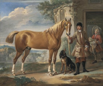 John Shafto of Bavington Hall, and Whitworth Hall, Northumberland, holding a hunter, in a landscape, with a groom and stable beyond