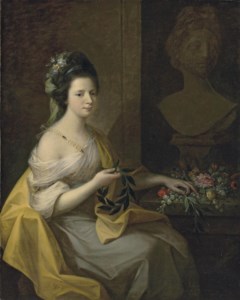 Portrait of lady, believed to be Elizabeth Muncaster, née Dale, three-quarter-length, in a dress with a pearl clasp and a yellow mantle, flowers in her hair, holding a laurel wreath, before a bust of the Apollo Belvedere