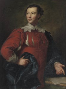 Portrait of Charles MacDonnell (1736-1773), half-length, in van Dyck costume, gesturing to papers on a stone ledge