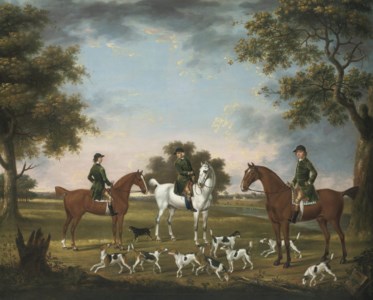 Huntsmen and hounds in a wooded river landscape, kennels beyond