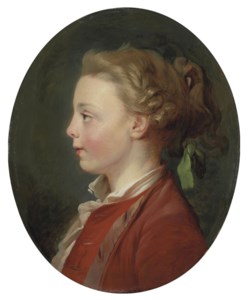Portrait of a child, bust-length, in a red coat and white shirt, with a green ribbon