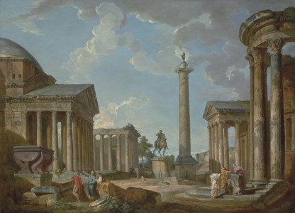 A capriccio of Roman ruins with the Pantheon, the Temple of Antonino and Faustina, the statue of Marco Aurelio, the Trajan Column, the Temple of Fortuna Virilis, the Temple of Vesta in Tivoli and figures conversing amongst architectural fragments