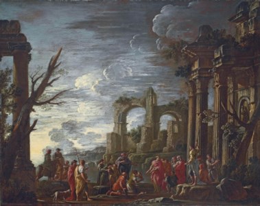 A capriccio landscape with a king and other figures amidst classical ruins