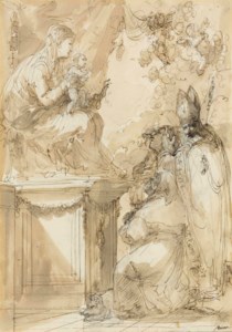 The Virgin and Child enthroned, adored by Saint Anthony, another saint, and a bishop
