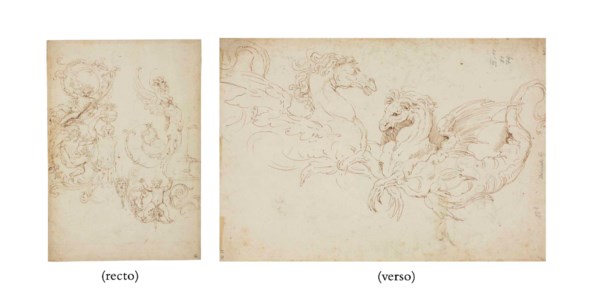 Studies of grotesques ( recto ); Studies of two winged horses ( verso )