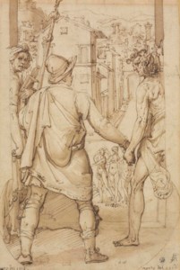 Taddeo returns to Rome escorted by Drawing and Spirit towards the Three Graces