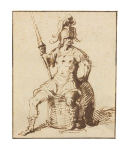 A warrior holding a lance seated on a drum
