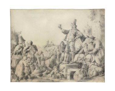 A quack selling a remedy to peasants in a market