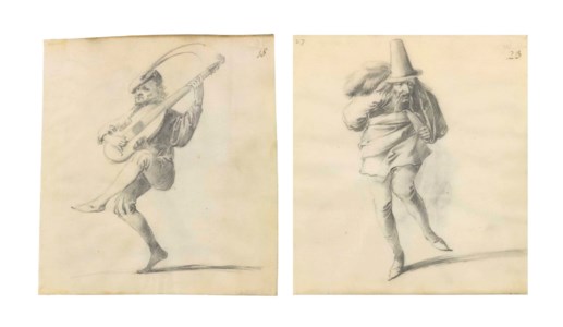 Two figure drawings from a sketchbook: A vagabond carrying a parcel on his back, and A musician playing a string instrument