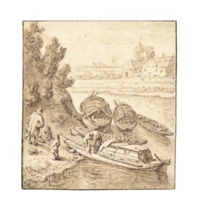 Boats moored by a riverbank with a family on the shore