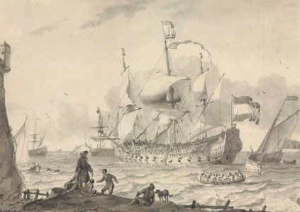 Ships at sea, with figures watching from the coastline
