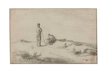 Two men on a path, one leaning on a staff, the other seated