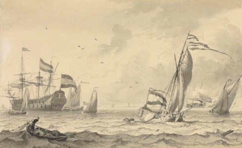 Dutch shipping, a yacht and a fishing boat in a light breeze
