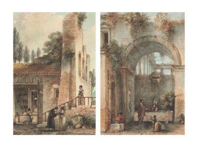 A woman and two children in front of a fountain, and Figures, including a monk, by a shrine