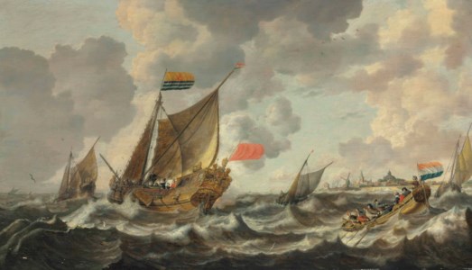 A Rowing Vessel approaching a Zeeland States Yacht firing a salute, in choppy sees off Vlissingen, with other shipping beyond