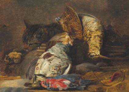 A woodcock, partridge, kingfisher, finches and a cat, with a decoy whistle and a wooden snare