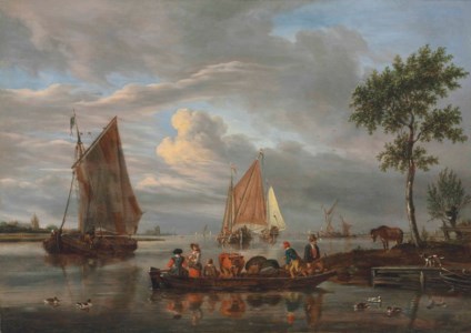 A river landscape with a ferry in the foreground, other shipping beyond