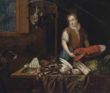 A maid in a kitchen interior, a lobster on a platter, dead birds, fish, asparagus, a dog and a cat