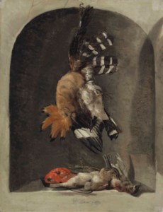 A hoopoe and finches in a carved stone niche