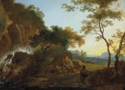 An Italianate landscape with a traveler on a path by a waterfall