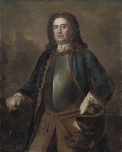 Portrait of Major General Richard St. George, three-quarter-length, in a blue coat and breast plate, a tricorn in his left hand, his right hand on a canon, a castle beyond
