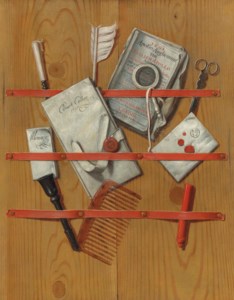 A trompe l’oeil of letters, a newspaper, a quill, a magnifying glass and other objects assembled behind ribbons upon wooden boards