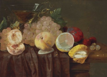 Grapes, peaches, a lemon, plums, cherries and a roemer on a partially-draped table
